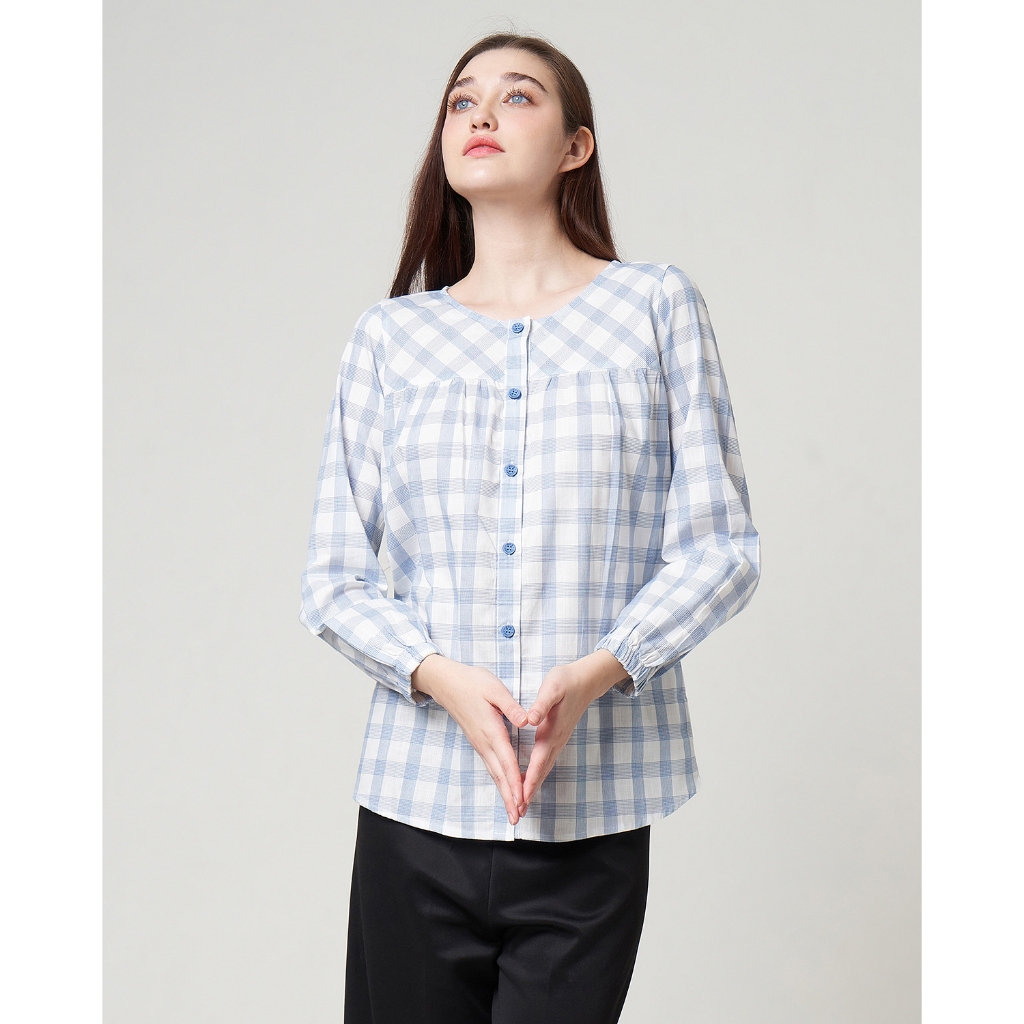 MCB - เสื้อเบลาส์สีน้ําเงิน Irine ลายสก๊อตขนาดใหญ่ปกติของผู้หญิง | 5516084.5105084