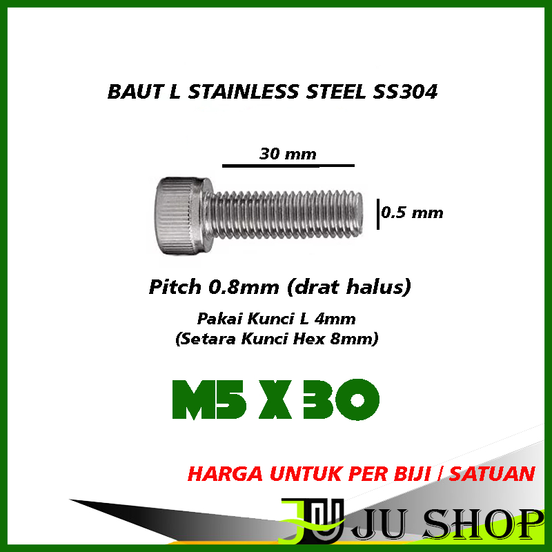 Bolt L M5x30 (SMOOTH) (8MM KEY / 4MM L key) สแตนเลส M5 x 30 SS304 (PRICE PER PIECE)