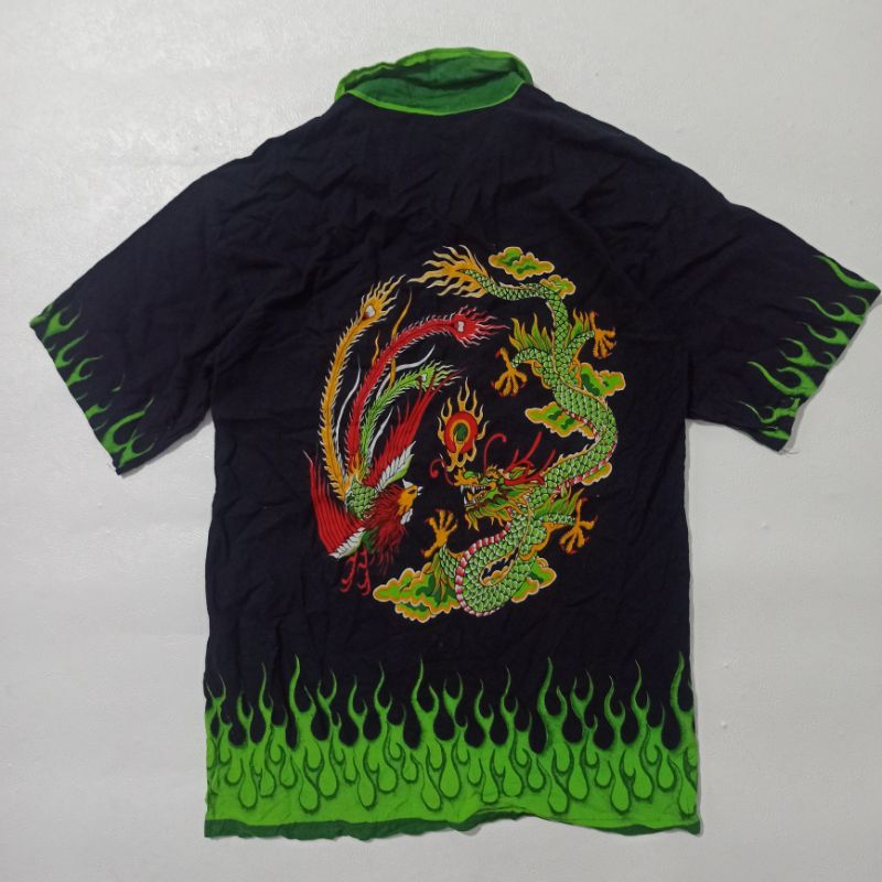 Kemeja Vintage DRAGON FLAME เสื้อสีเขียวไม่ใช่ JNCO EVISU DOGTOWN ECKO SOUTHOLE FUBU