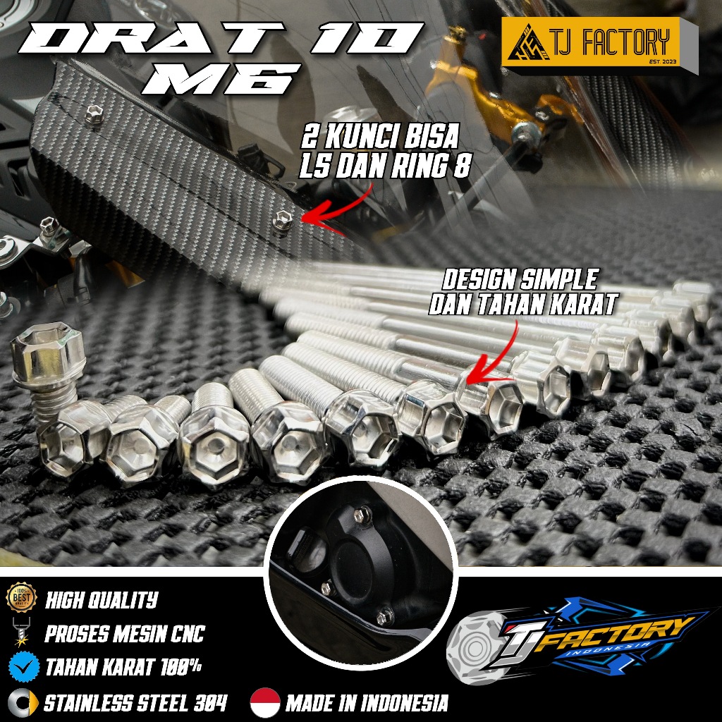 CNC สแตนเลสสตีลสลักเกลียว 2 ปุ่ม 10 M6 ประเภท HEX NON โดย TJ โรงงาน Handmade Probolt อินโดนีเซีย