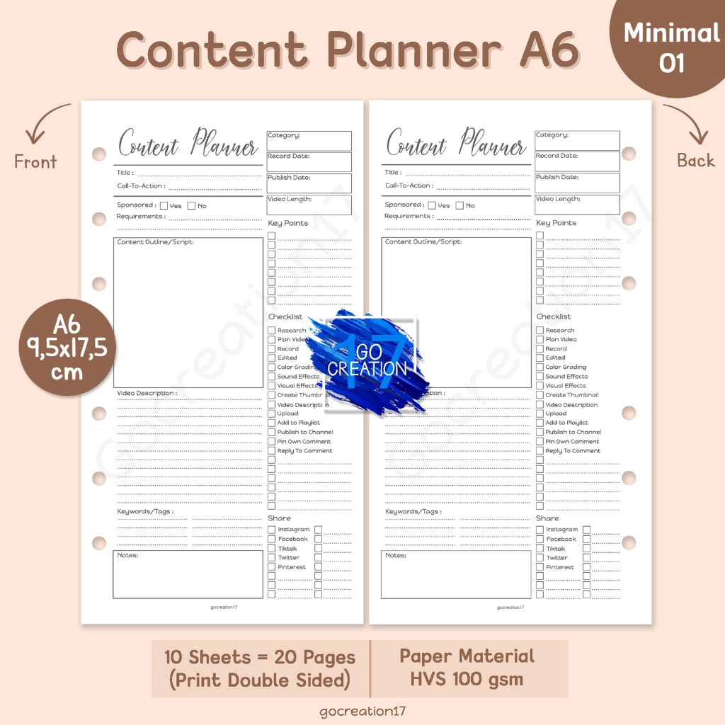 Planner Book Refill Paper Binder Content Plan Simple Minimalist A6