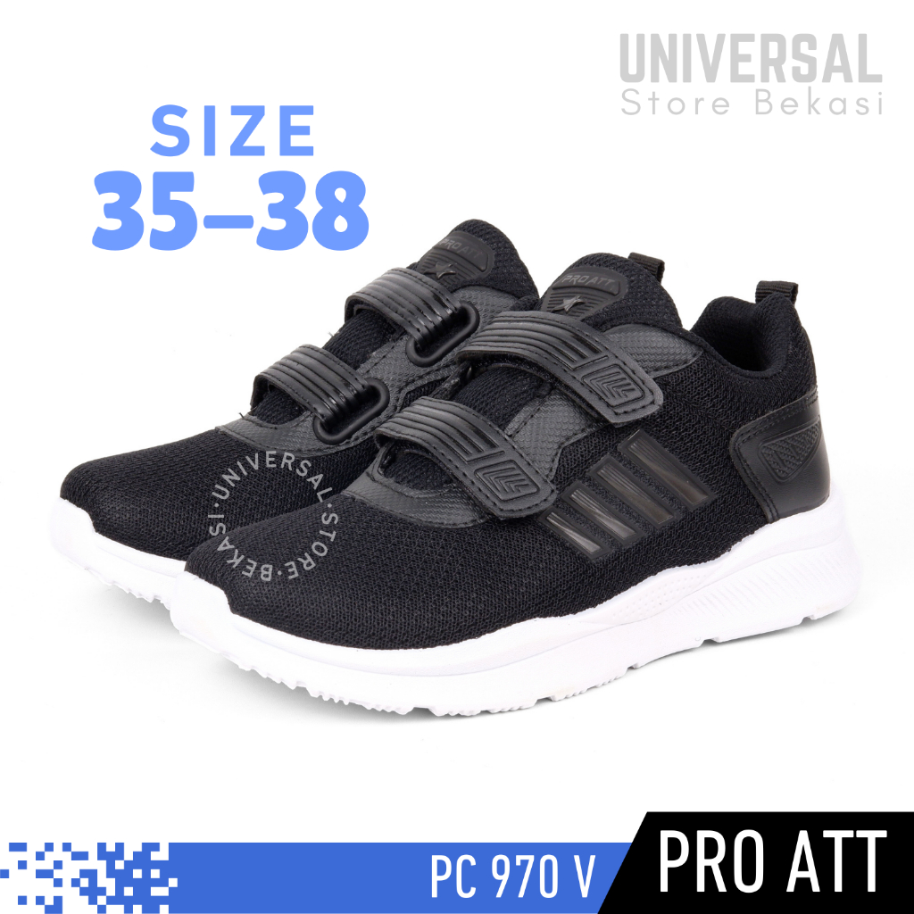 Pro ATT PC 970 รองเท้าผ้าใบกาวสีดําและสีขาวสําหรับเด็กชายและเด็กหญิงขนาด 35-38