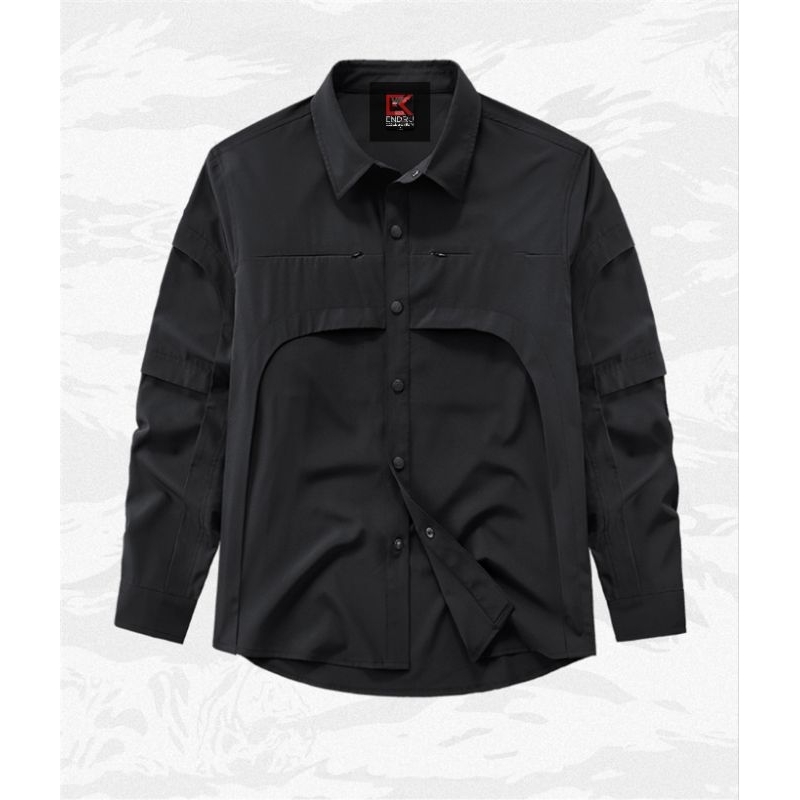 เสื้อเชิ้ตผู้ชาย KEMEJA Harajuku techwear รุ่นกระเป๋าซิปญี่ปุ่น