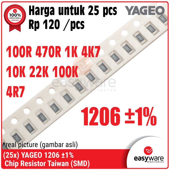 25 ชิ้น YAGEO ตัวต้านทานไต้หวัน YAGEO 1206 SMD SMT 1% 4R7 100R 470R 1K 4K7 10K 22K 100 พัน 100 โอห์ม