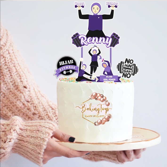 Gym Fitness Girl Hijab Topper เค้ก Topper เค้กวันเกิด / ตกแต่งเค้กวันเกิด