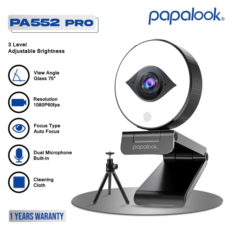 PAPALOOK Webcam 1080P 60FPS ออโต้โฟกัส ไมโครโฟน ขาตั้งกล้อง - PA552Pro