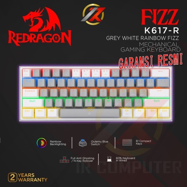 REDRAGON FIZZ-K617-R (GREY WHITE) BLUE SWITCH LED RAINBOW Mechanical Gaming Keyboard 60%
