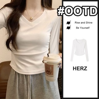 kaos v-neck lengan panjang slim fit tshirt  pelangsing pinggang korean style baju atasan polos kasual s-l cewek