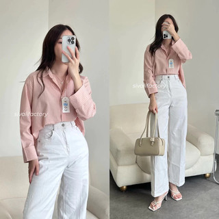 Ziggy Top & Stripe Shirt * Kemeja Salur Garis Oversized Crop Shirt Atasan Wanita Lengan Panjang kekinian