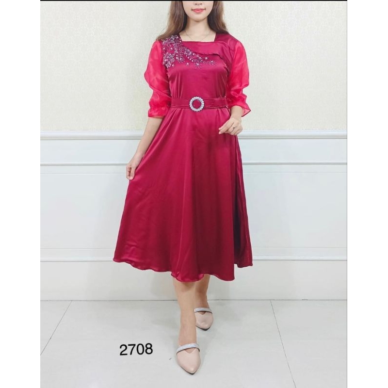 เดรส 2708 *เข็มขัดถอดได้*Mat: Vesace Satin พรีเมี่ยมนําเข้า & Organza