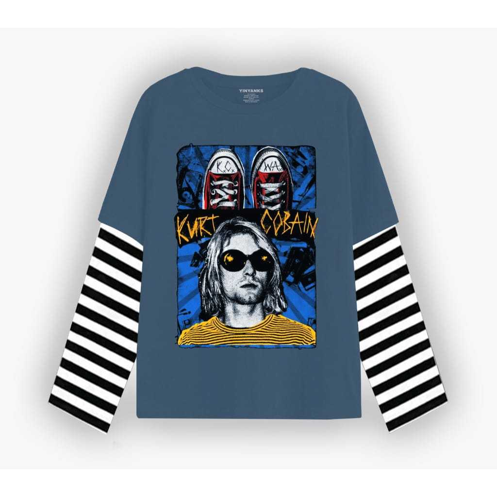 Katun Ganzet Store เสื้อยืด KURT COBAIN สองชั้นแขนยาว Salur Unisex เสื้อยืดผู้ชายผ้าฝ้ายผู้หญิงเสื้อ