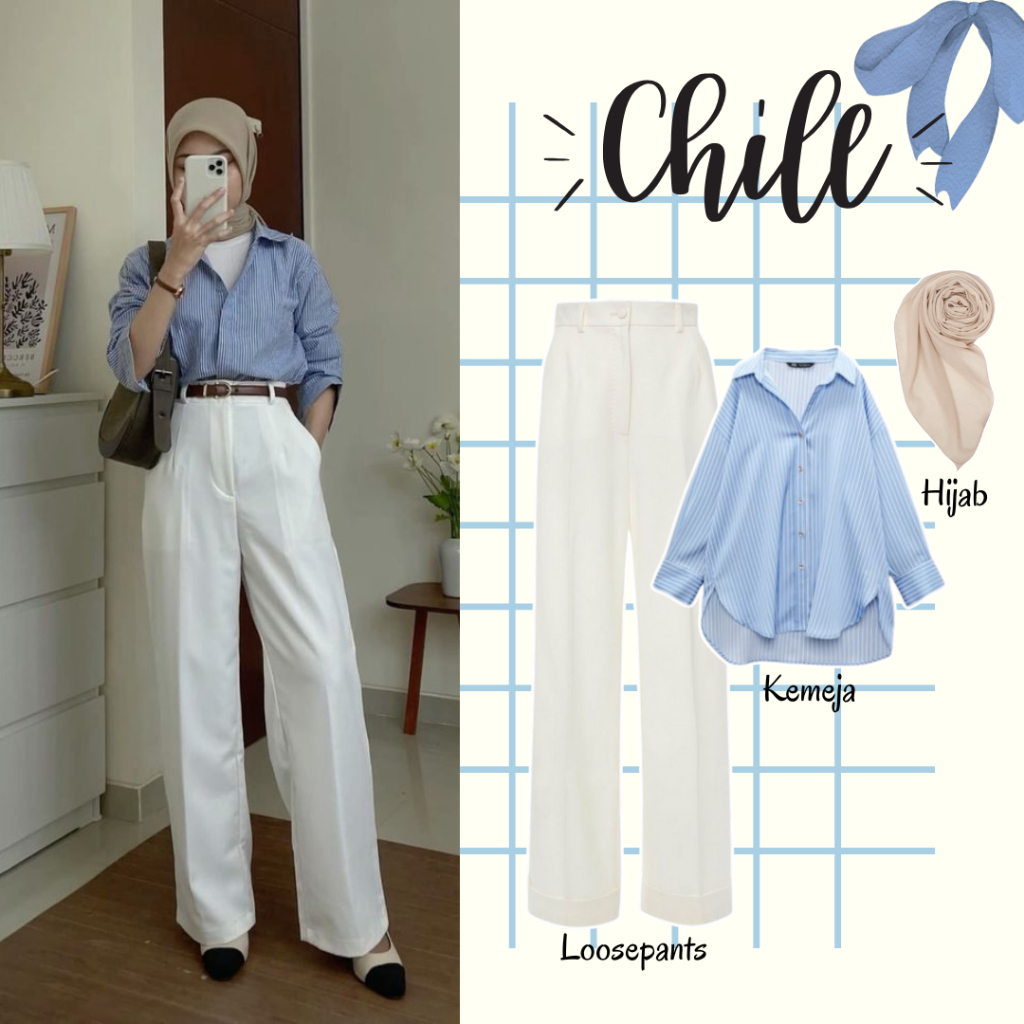 KEMEJA One Set Casual 3in1 | Jennie Knit White Loosepants + เสื้อเชิ้ตลายขนาดใหญ่สีน้ําเงิน + Hijab 