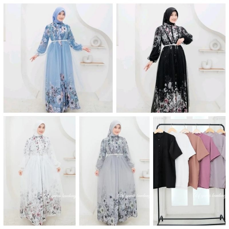 Maura Dress Ceruty Printing Mix Burkat Tile Hijab Set (ทุกขนาด LD 110 PB138) PO 3/4 สัปดาห์
