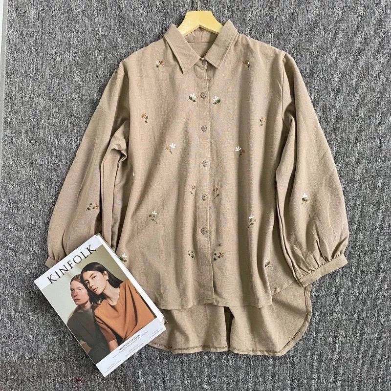 KAMEJA TRACY LINEN SHIRT / OVERSIZE EMBROIDERED SHIRT TOP / MOTIF LINEN SHIRT