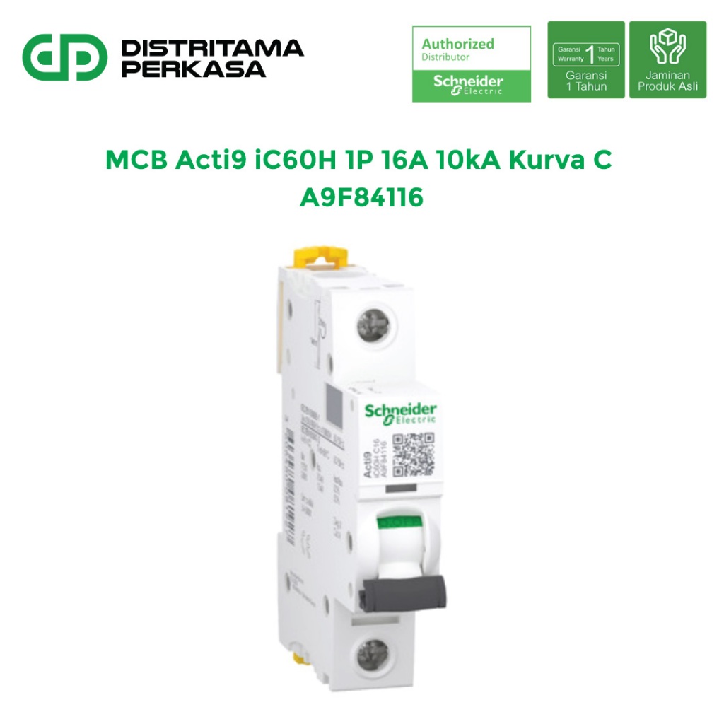 Scneider MCB Acti9 iC60H 1P 16A 10kA Kurva C - A9F84116