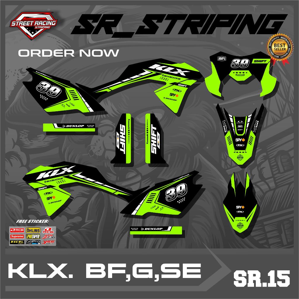 สติ๊กเกอร์แถบ Kawasaki KLX BF/G/SE, ลายกราฟิกสุดเท่, Bonus Sponsor SR.15