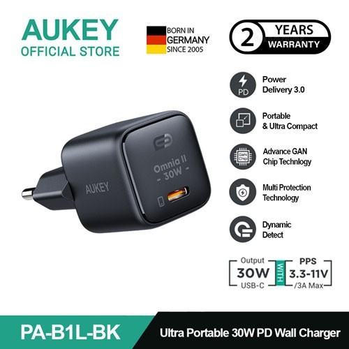 Aukey หัวชาร์จ GAN Type C 30W PD 3.0 PPS ชาร์จเร็ว PA-B1L