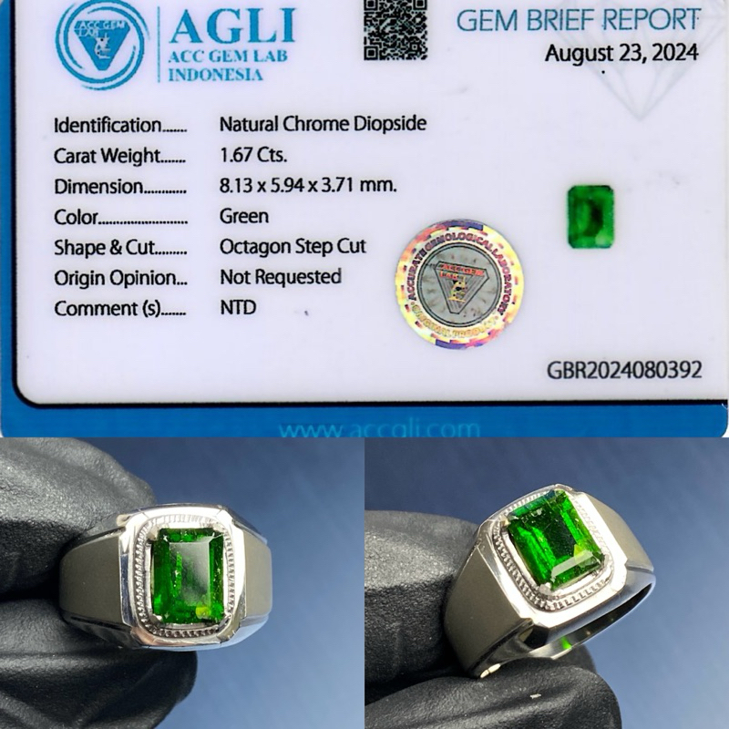 ขนาด 7 / 15 - โครเมี่ยมธรรมชาติ Diopside Origin รัสเซียแหวน 1.67 ct Monel Doff แหวน Memo AGLI Aesthe