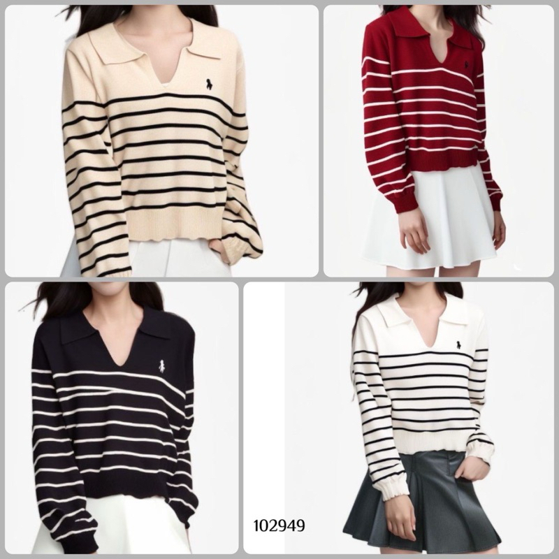 เสื้อสเวตเตอร์คอปกลายทางถักนําเข้าพรีเมี่ยมโปโล (102949)