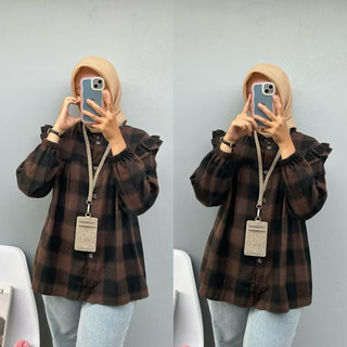 Atasan Flanel Ruffle Wanita Terbaru/Kemeja Ruffle Ginggham Wanita/Kemeja Flanel wanita kotak kotak by.meelabel.desaign