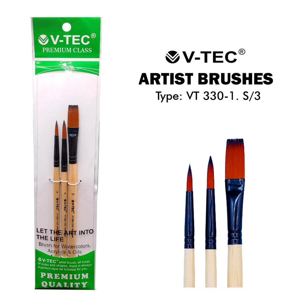 V-TEC VT-360-1 BRUSH SET / COTENTS 3 BRUSHES NO. 6, 8, 12 ARTIST BRUSHES VTEC PAINTING TOOLS BRUSH /