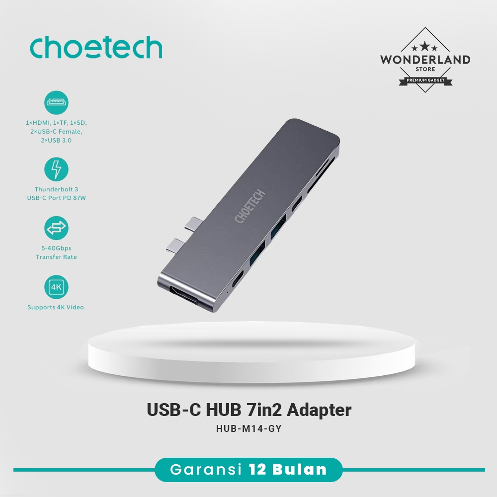 Choetech USB-C HUB 7in2 Dual USB-C HDMI, SD/TF Card, USB-C, USB3.0 Mac HUB-M14-GY - Wonderland Store