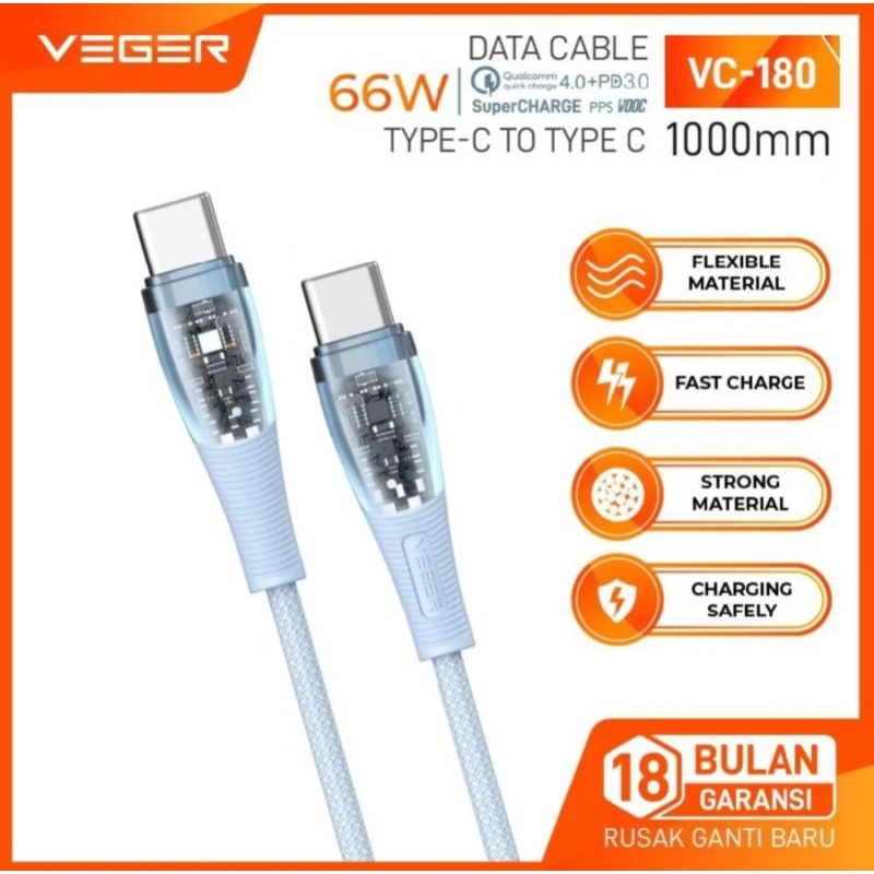 สายเคเบิลข้อมูล Veger C TO C Suprcharge PPS VOOC 66W VC180