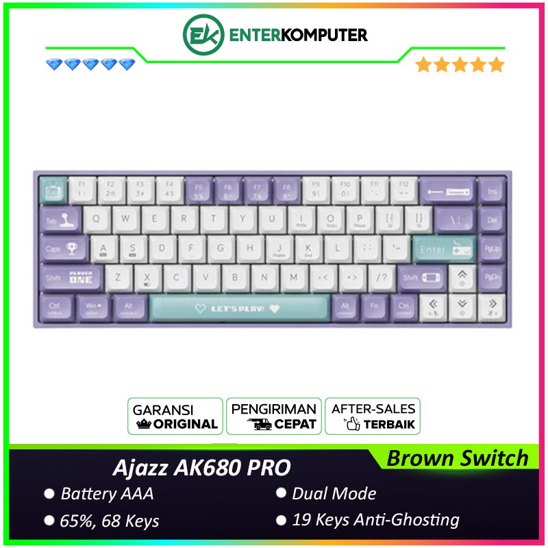 Ajazz AK680 PRO Three Tone Irish Purple 65% Dual-mode Mechanical Keyboard (สวิตช์สีน้ําตาล)