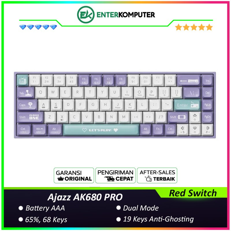 Ajazz AK680 PRO Three Tone Irish Purple 65% Dual-mode Mechanical Keyboard (สวิตช์สีแดง)