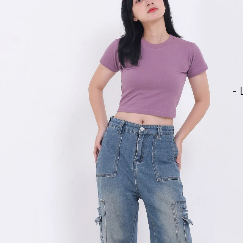 1one_clothes CROP TOP PLAIN ONECK COTTON | Tumblr CROP TEE TSHIRT เสื้อยืดแฟชั่นเกาหลีผู้หญิง SALMON