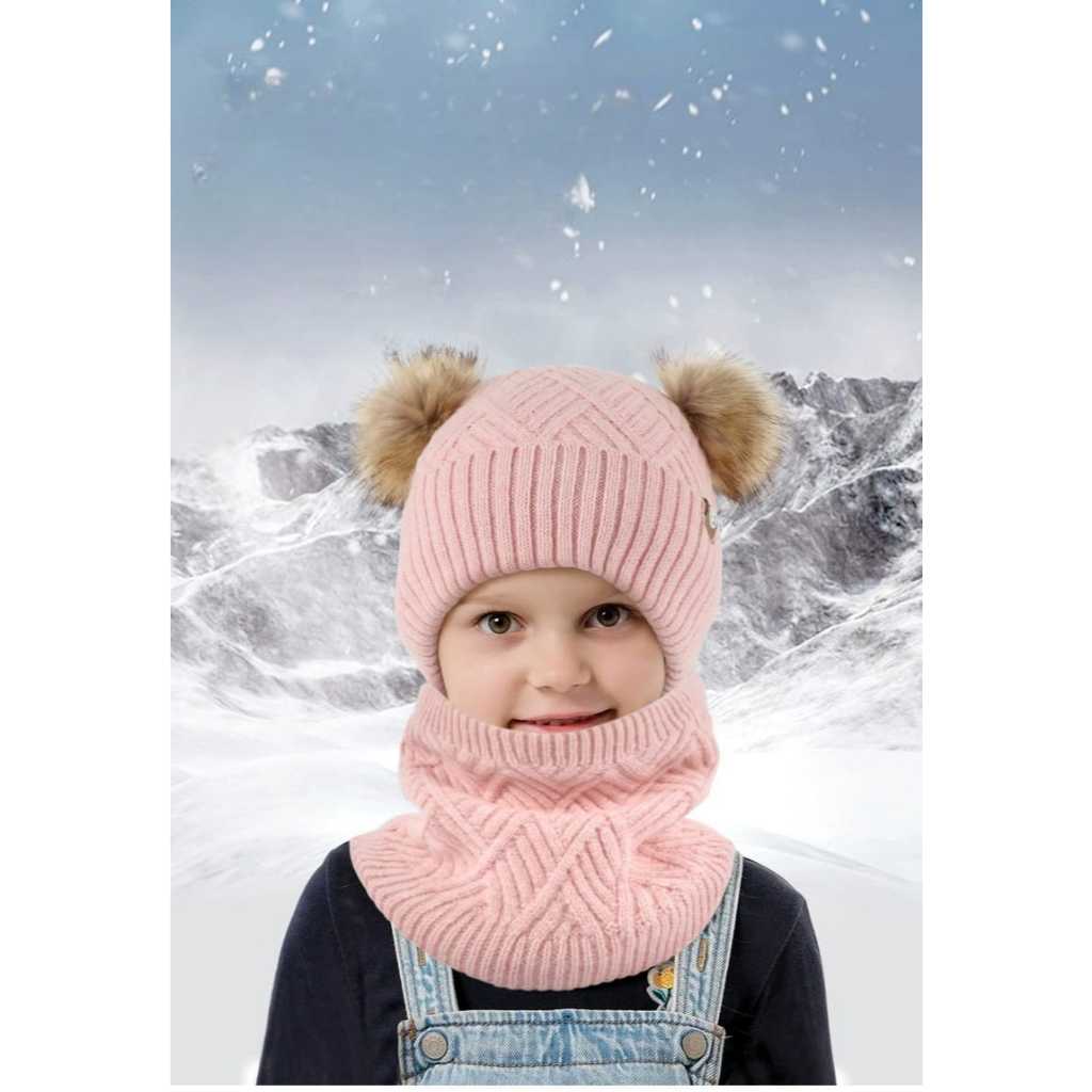 MERAH ( OTH1173 ) 3 in 1 ชุดผ้าพันคอหมวกคอ beanie pom ถุงมือฤดูหนาวฤดูหนาวขนแกะเด็กอายุ 4-11 ปีลบ-ไน