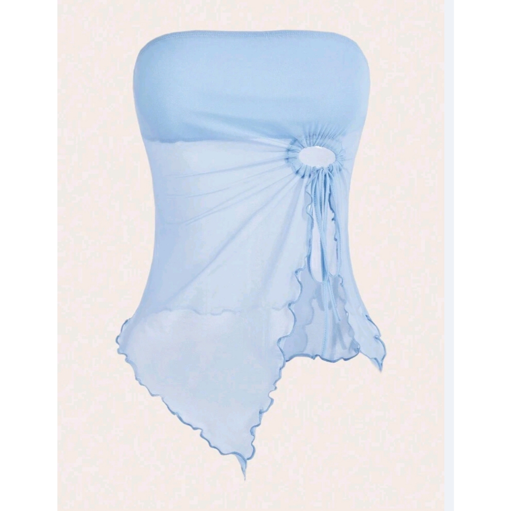 SC Icon Lettuce Trim Drawstring Hem Mesh Tube Top Baby Blue