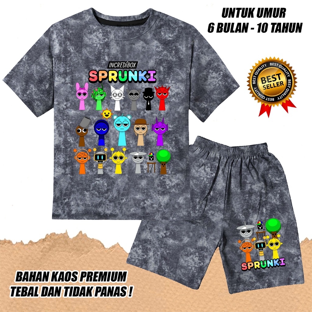 Katun BOYS GIRLS SHORT SLEEVED DENIM JEANS SET BOYS GIRLS เสื้อยืด SPRUNKI 2 DTF COTTON