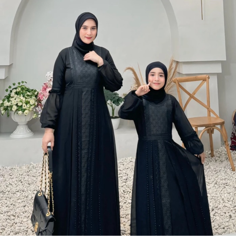 Hitam ตุรกี ABAYA GAMIS สีดํา EMBROIDERED SAFIRA HAND BALLOON COUPLE MOTHER CHILD 5-12 ปี BACK STRAP