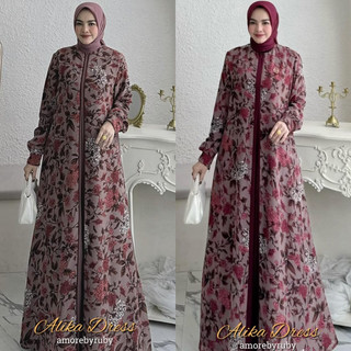 ALIKA DRESS AMORE BY RUBY GAMIS MOTIF BUNGA LENGAN MANSET BAHAN CERUTI MIX CREPE PESTA MEWAH BUSUI FRIENDLY RETSLETING DEPAN A LINE