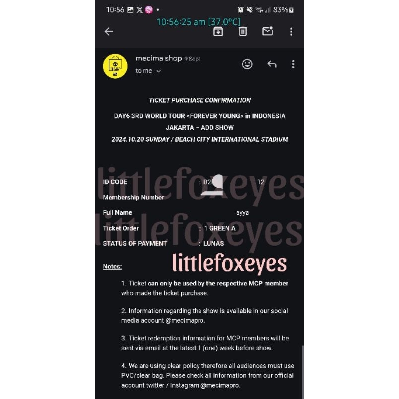 WTS DAY6 World Tour Forever Young Jkt addshow Day 2 20 oct 2024 สมาชิกสีเขียว Mecima