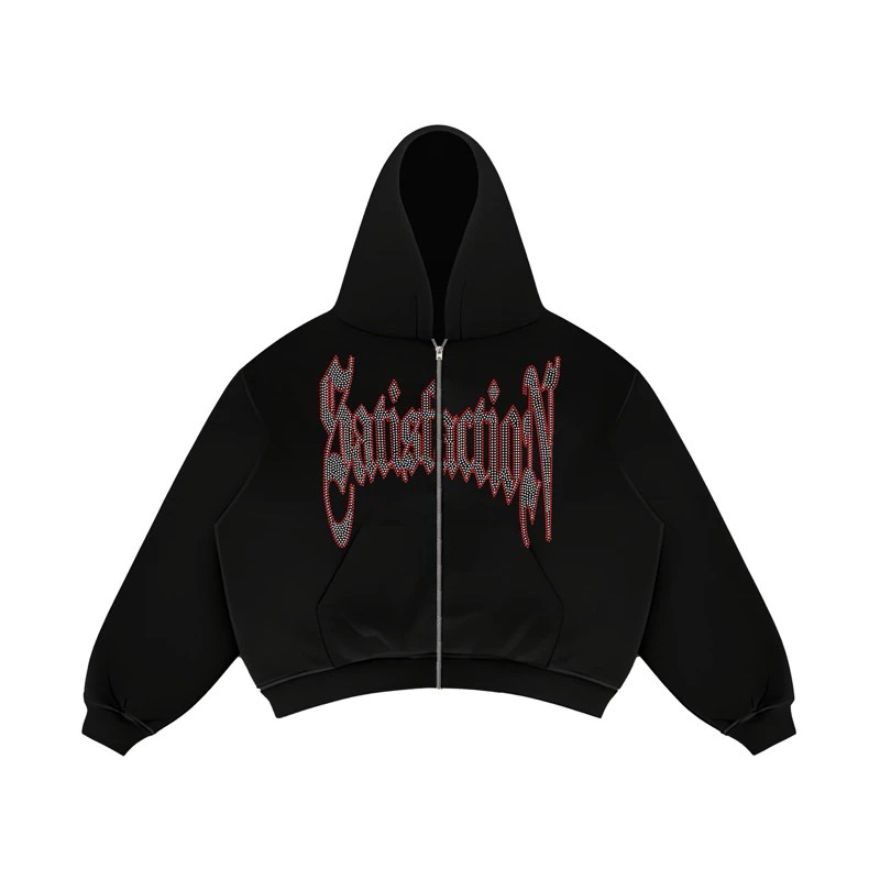 Satisifyingfaction Hoodie Zipper Boxy 375GSM Rhinestone BLEACH Black_