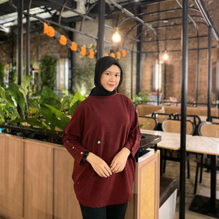 Blouse Wanita Jumbo Oversize Lengan Panjang Polos Rajut Knit, Atasan Batwing Bigsize Nyaman,Terbaru
