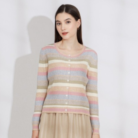 MKY เสื้อผ้า ROUND NECK STRIPED KNIT CARDIGAN LONG SLEEVE CARDIGAN