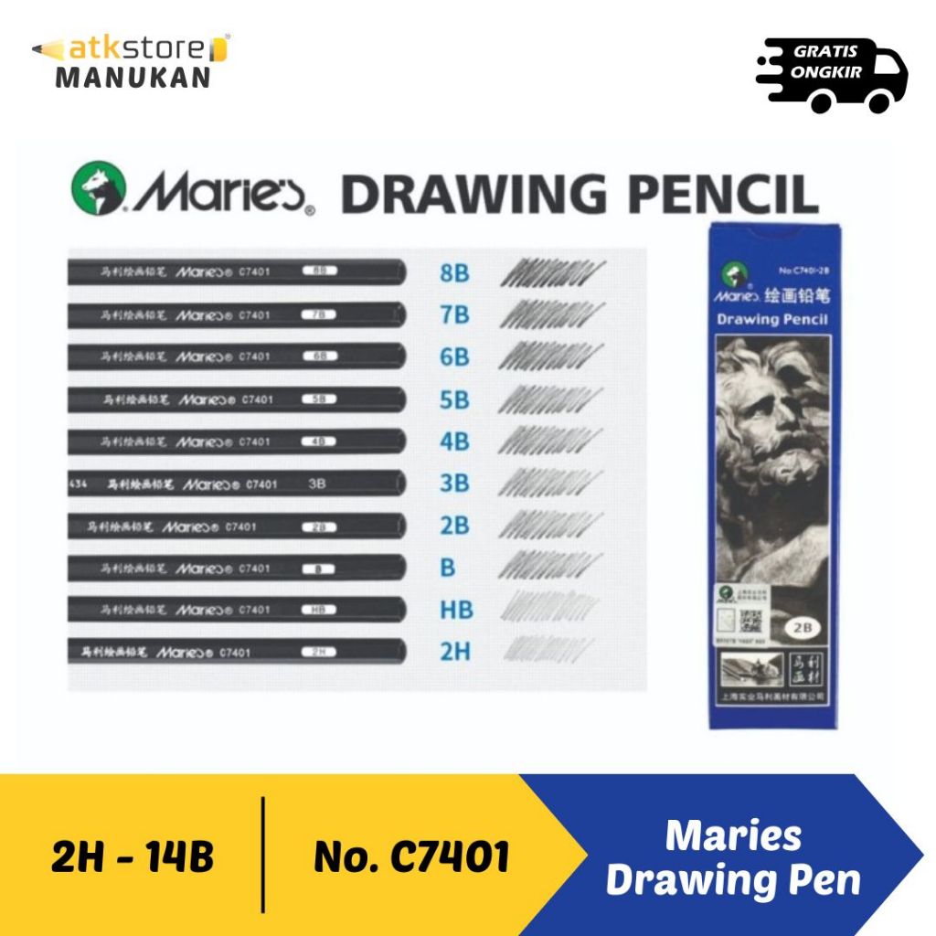 Maries Drawing Sketch Pencil / ดินสอเขียน - Sketch C7401 (2H, HB, B, 2B - 8B ) C7111-10B C7112-12B C