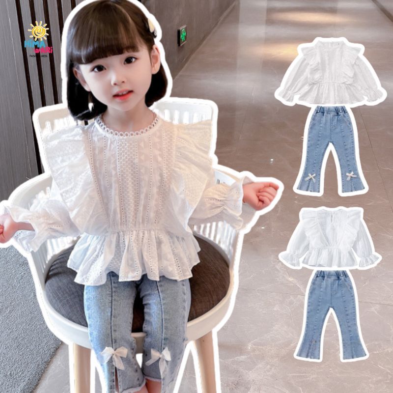 Himawari.kids WINNIE Girls& 39; สูทเสื้อแขนยาวกางเกงยีนส์ขายาว | ชุดเซ็ตลําลองเด็กผู้หญิงพรีเมี่ยม