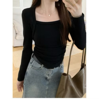 Crop Top Korea Square Neck Oval Top Lengan Panjang - Kaos Crop Top Lengan Panjang Korean Style 6045