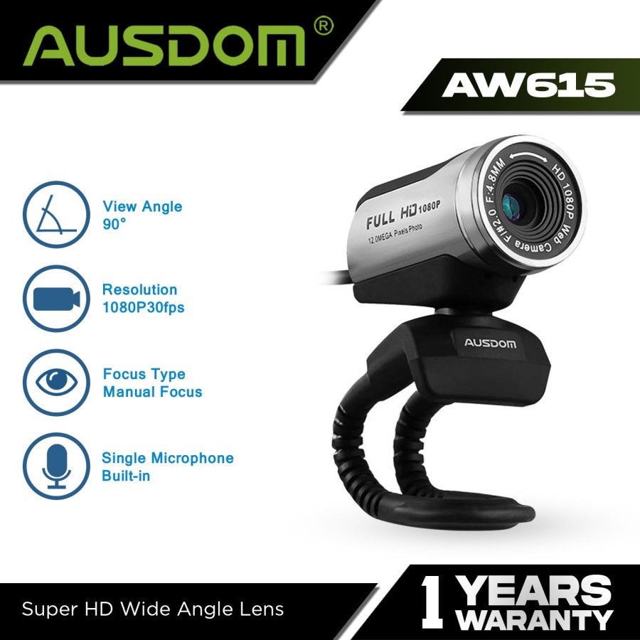 AUSDOM WebCam 1080P PC 12MP พร้อมไมโครโฟนในตัว - AW615
