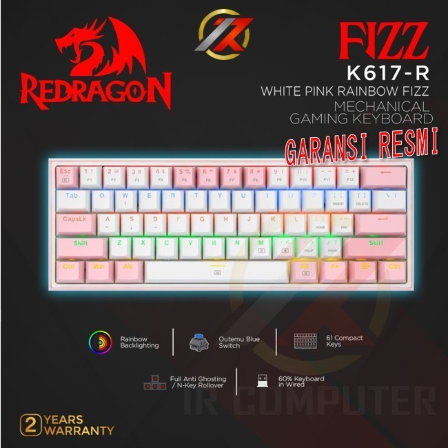 REDRAGON FIZZ-K617-R (WHITE PINK) BLUE SWITCH LED RAINBOW Mechanical Gaming Keyboard 60%