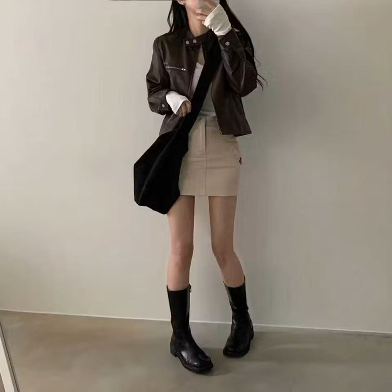 YorJ.id • เสื้อแจ็คเก็ตหนังผู้หญิง Crop เรียบง่ายล่าสุด
