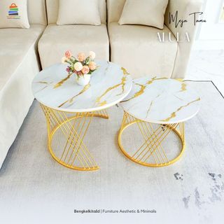 Meja Tamu Aesthetic Meja Bulat Set 2in1 - MEJA ALULA - Samping Sofa Besi Holo Marmer Mewah