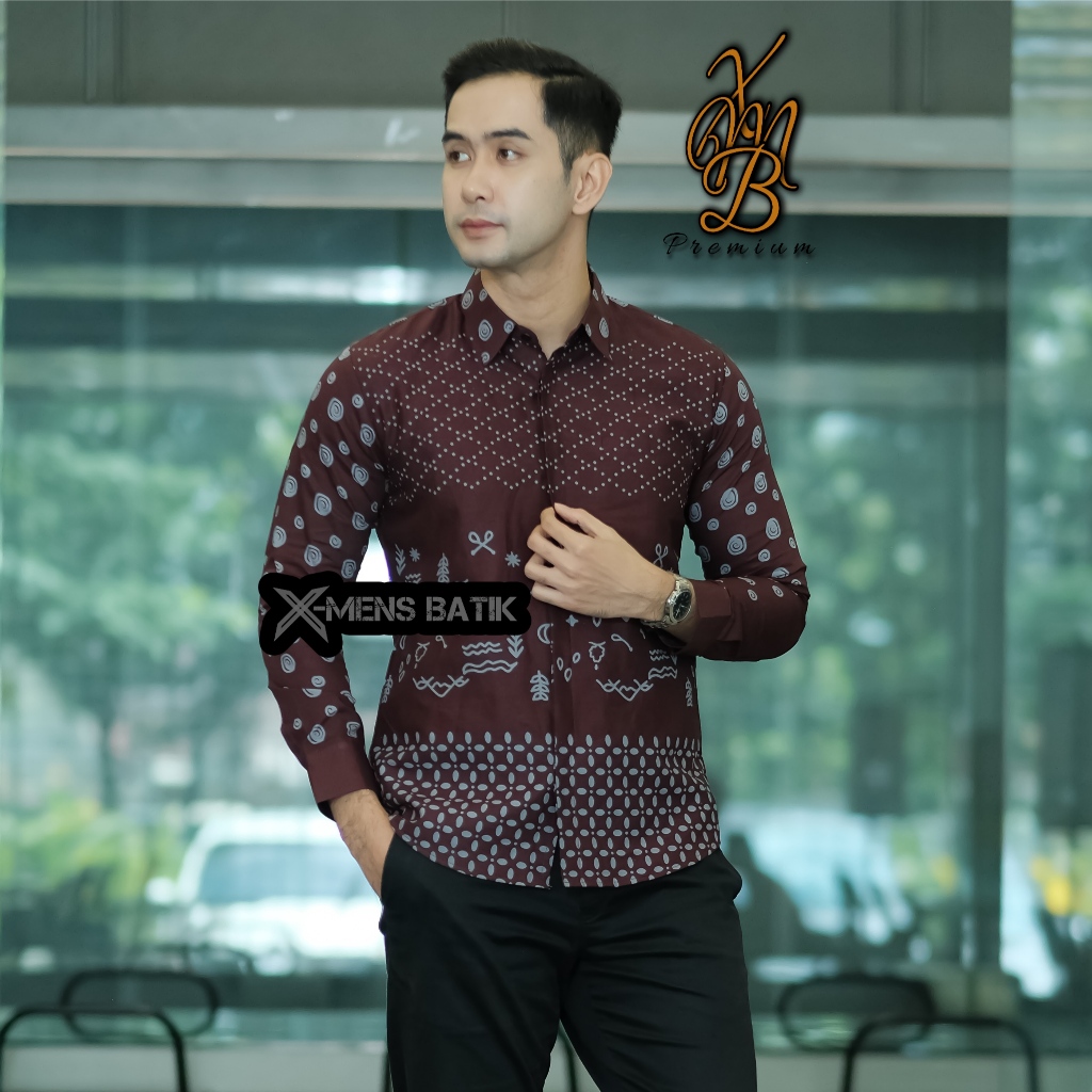 Kemeja KATUN Erro croton เคลือบผ้าฝ้ายพรีเมี่ยม slimfit เสื้อบาติกผู้ชาย WORATA MAROON LONG motif