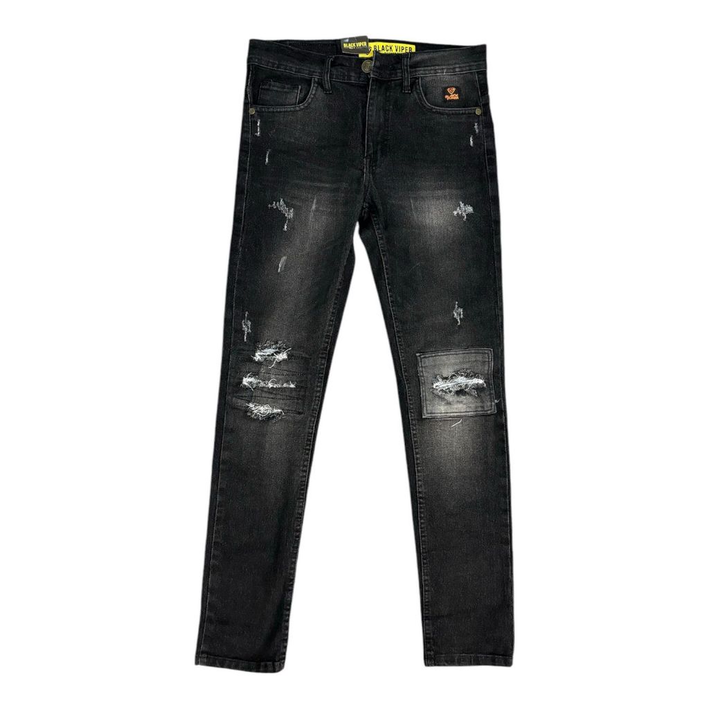 Apolo - กางเกงยีนส์ผู้ชาย Ripped Long Skinny Stretch Denim Ripped Jeans Black Viper Premium ล่าสุด