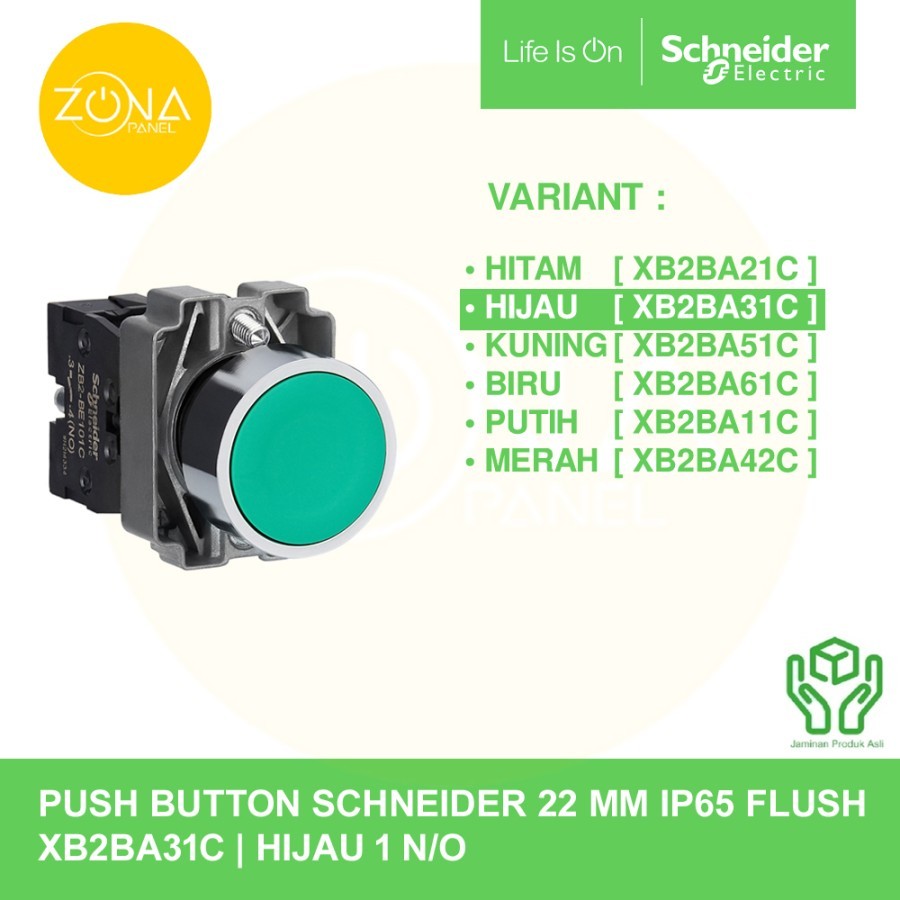 HIJAU PUSH BUTTON โลหะ SCHNEIDER FLUSH สีเขียว 1 ไม่มี 22 มม. IP65 XB2BA31C
