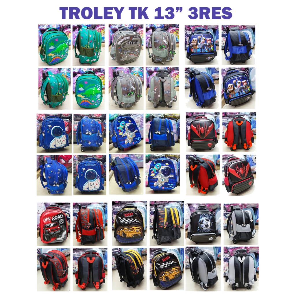 Premium Trolley Push Bag School Bag for Boys Kinder / Play Group / PAUD DINO DINOSOURUS นูน GLOSSY / นูน 3 ZIPPERS (Luwi Gemez Gogo Kumbang Kumo Star Happy Hpp Egg Astronaut 12" / 13")